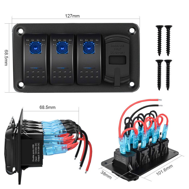 4 Gang Rocker Switch Panel with 4.8 Amp Dual USB Charger Voltmeter Waterproof 12V 24V DC Rocker Switch with Night Glow Stickers2