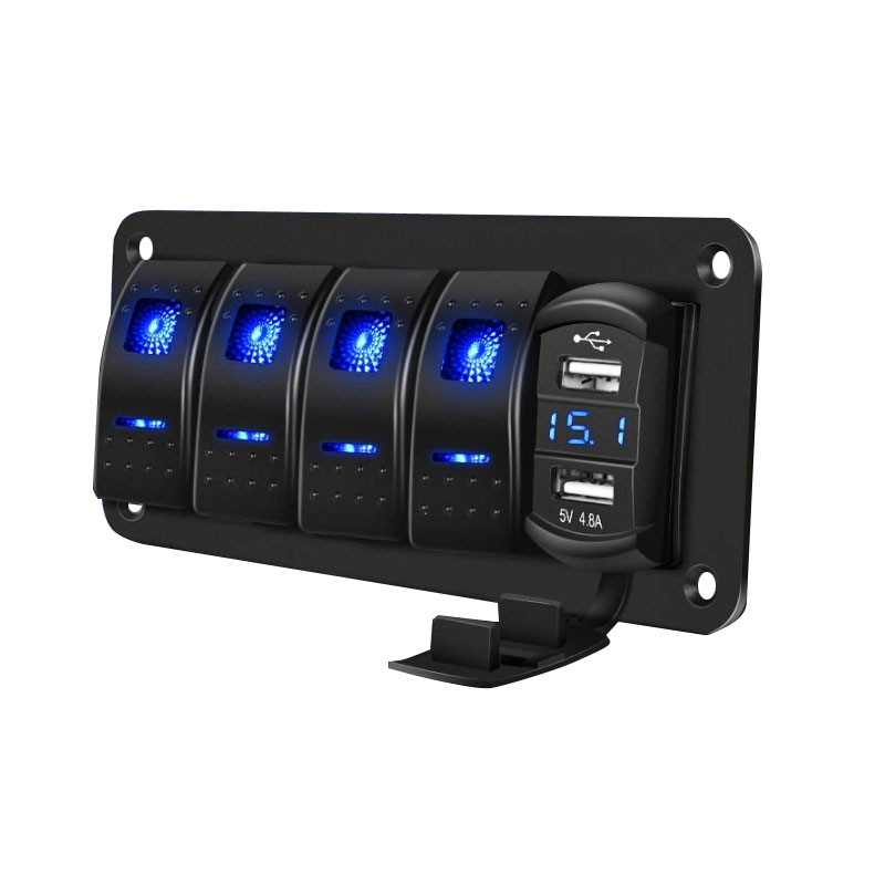 4 Gang Switch Panel 4.2A Dual USB Charger with Blue LED for 12V  24V Vehicles Car Boat SUV Truck Yacht RV