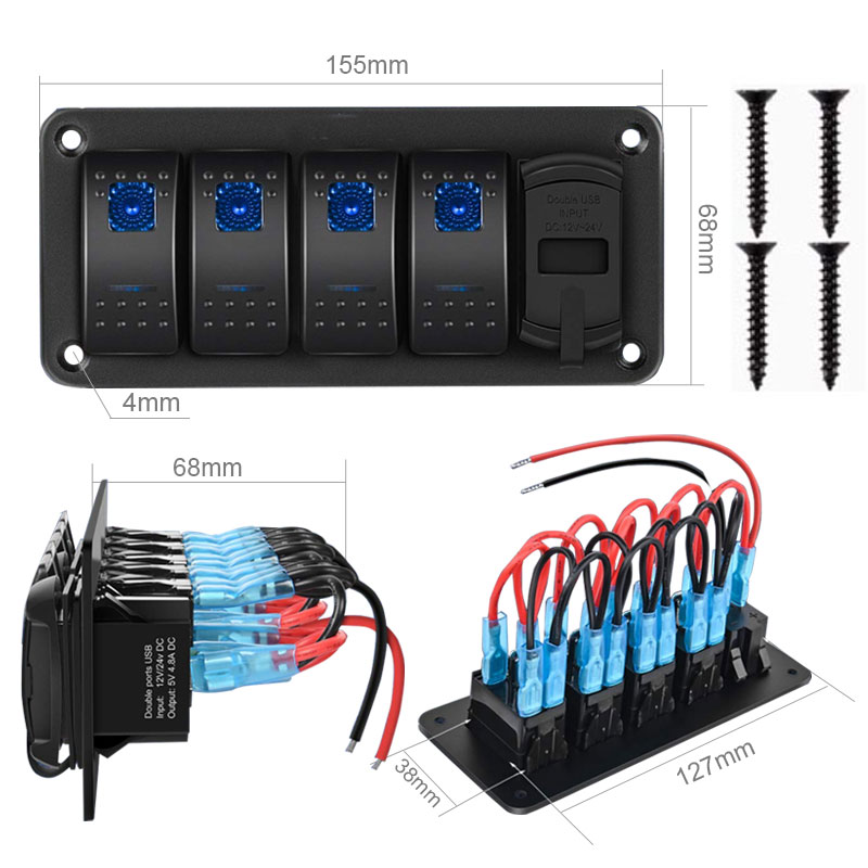 4 Gang Switch Panel 4.2A Dual USB Charger with Blue LED for 12V  24V Vehicles Car Boat SUV Truck Yacht RV2