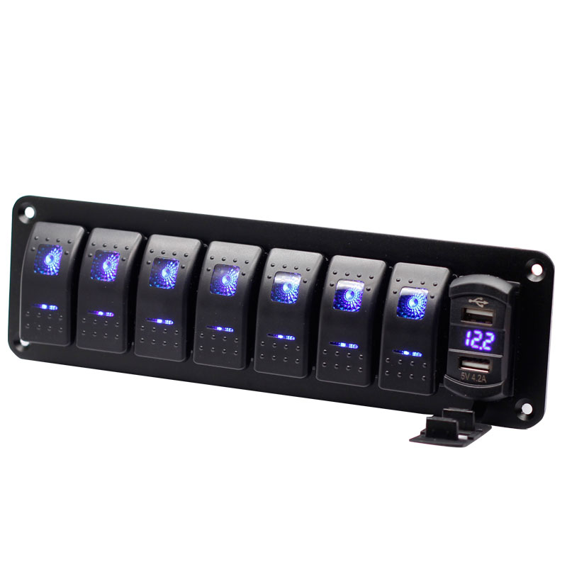 7 Gang Rocker Switch Panel with 4.2Amp Dual USB Charger Voltmeter Waterproof 12V 24V DC Rocker Switch with Night Glow Stickers