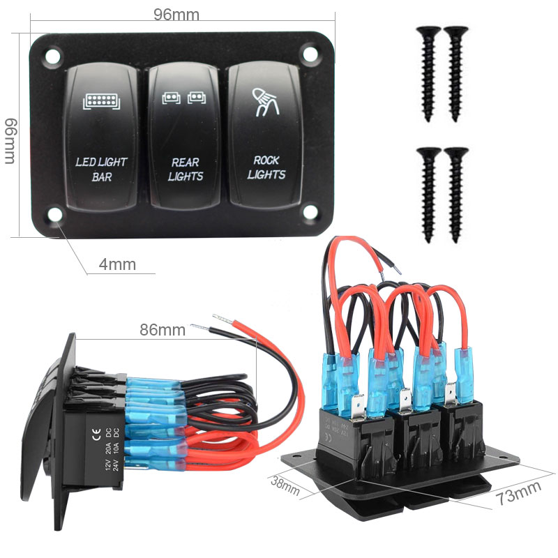 3 Gang Aluminum Rocker Switch Panel 5 Pin ON/Off Pre-Wired Toggle Switch Panel With Rocker Switch Holder2