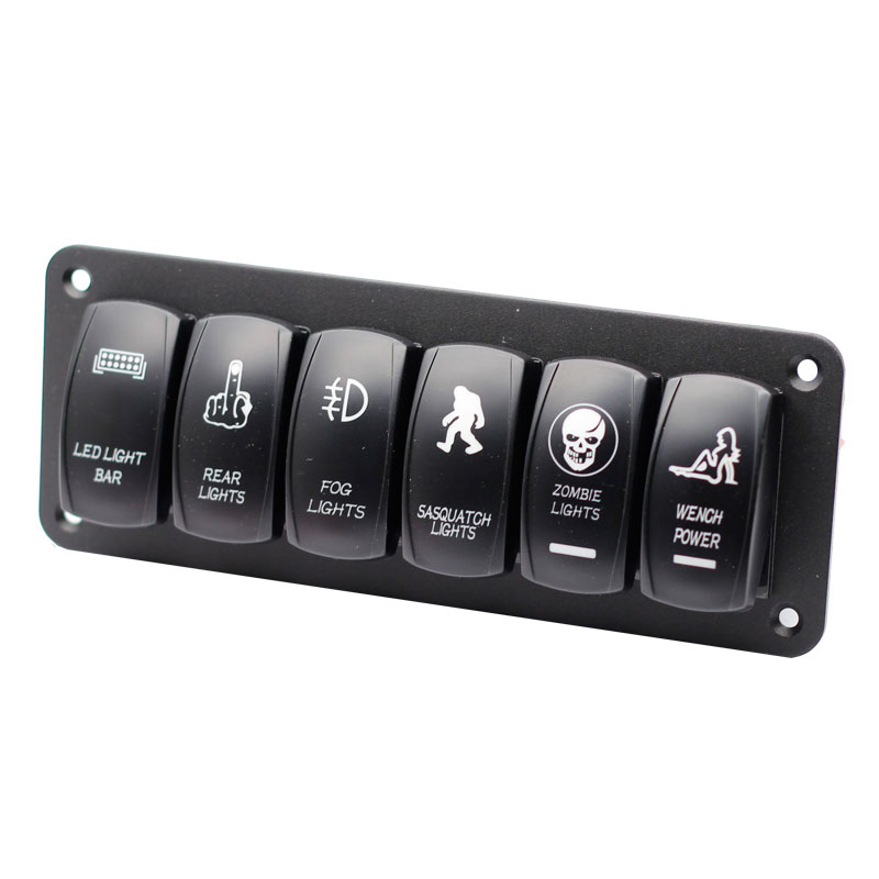 6-Gang Rocker Switch Panel 5-Pin On Off Toggle Switch Pre-Wired Aluminum Holder 12/24V Toggle Switches