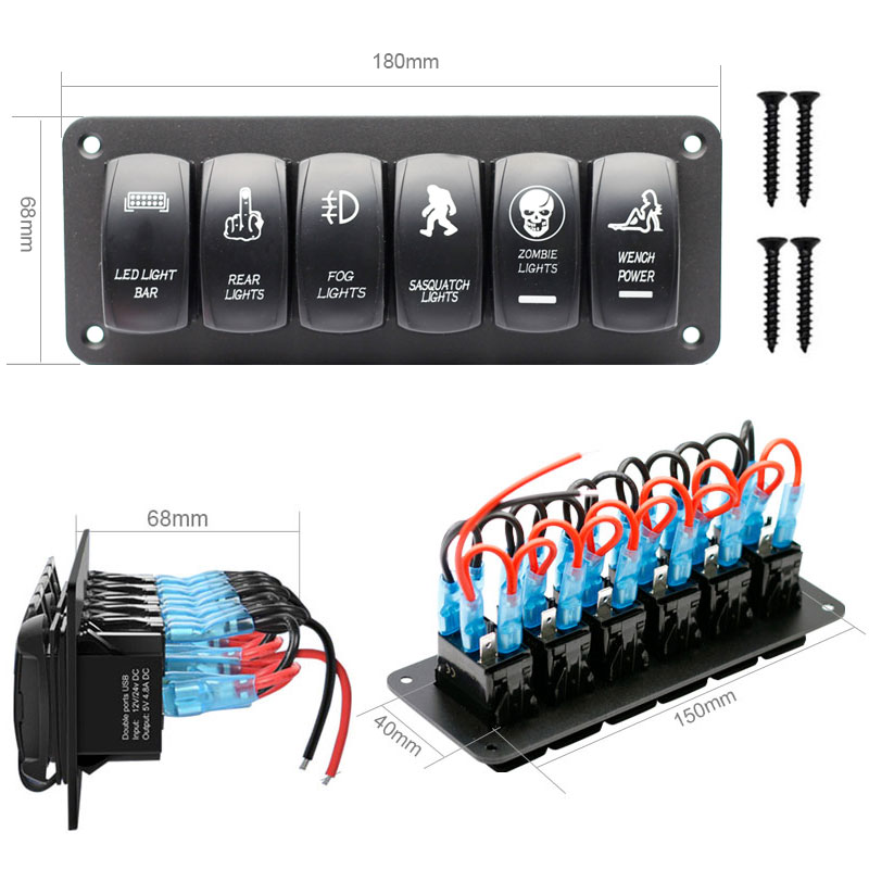 6-Gang Rocker Switch Panel 5-Pin On Off Toggle Switch Pre-Wired Aluminum Holder 12/24V Toggle Switches2