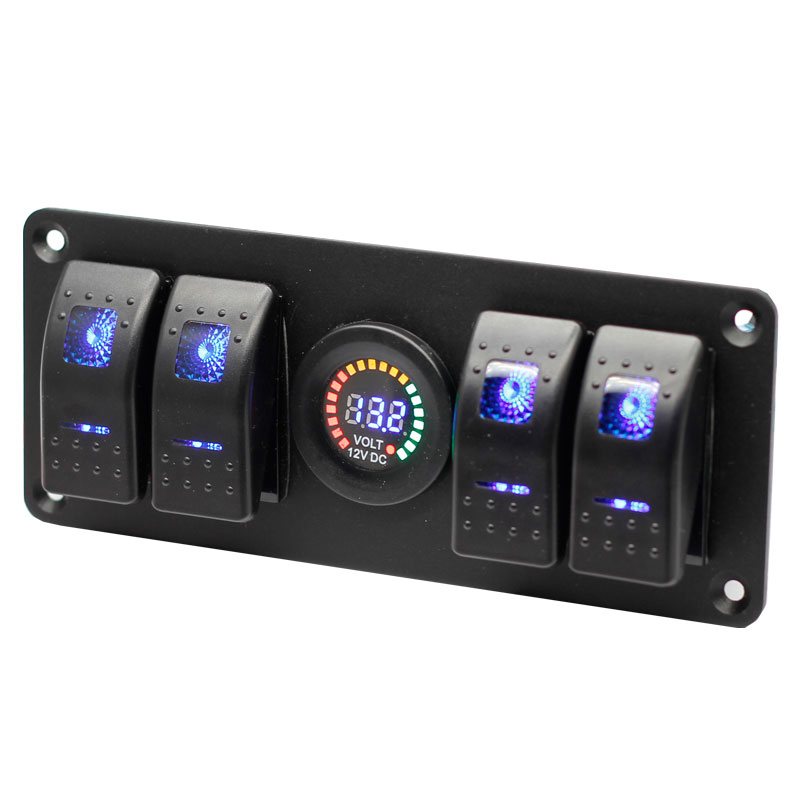 4 Position Rocker Switch Panel with 12V Digital Voltmeter Display 12V / 24V LED Blue Lighted On/Off Switches