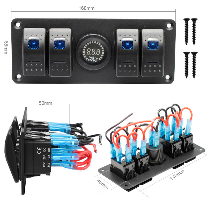 4 Position Rocker Switch Panel with 12V Digital Voltmeter Display 12V / 24V LED Blue Lighted On/Off Switches2