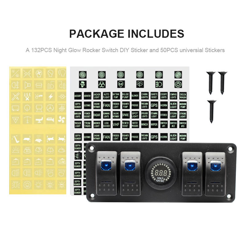 4 Position Rocker Switch Panel with 12V Digital Voltmeter Display 12V / 24V LED Blue Lighted On/Off Switches3