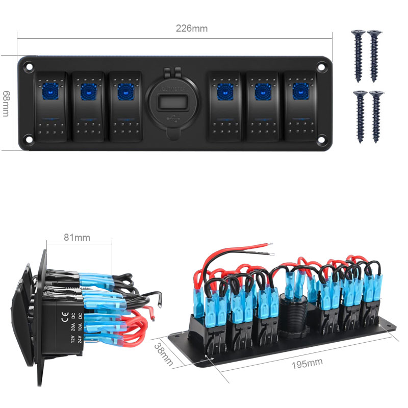 6 Gang Rocker Switch 12V SPST ON Off Switch QC 3.0 USB Charger Voltmeter Waterproof Aluminum Rocker Switch Panel2