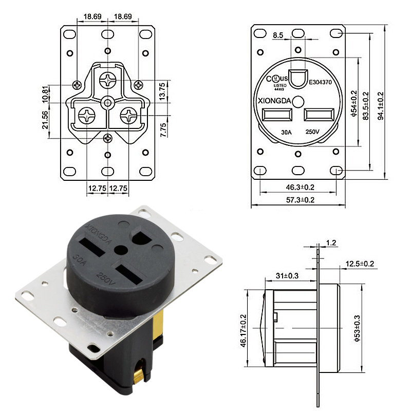 30 Amp 250V NEMA 6-30R RV and Electric Vehicles Range Receptacle Socket3