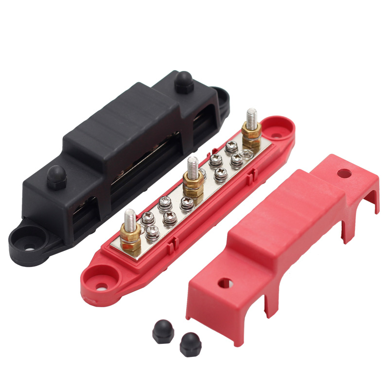 Black Red Bus Bar 1/4'' Post Distribution Block 10x#8 Screw Terminal Busbar Stud Set with Ring Terminals