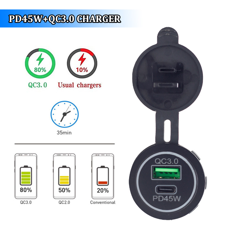 12V 24V Universal Dual Port Bus Car Socket QC3.0 USB Type C 45W PD USB Car Charger3